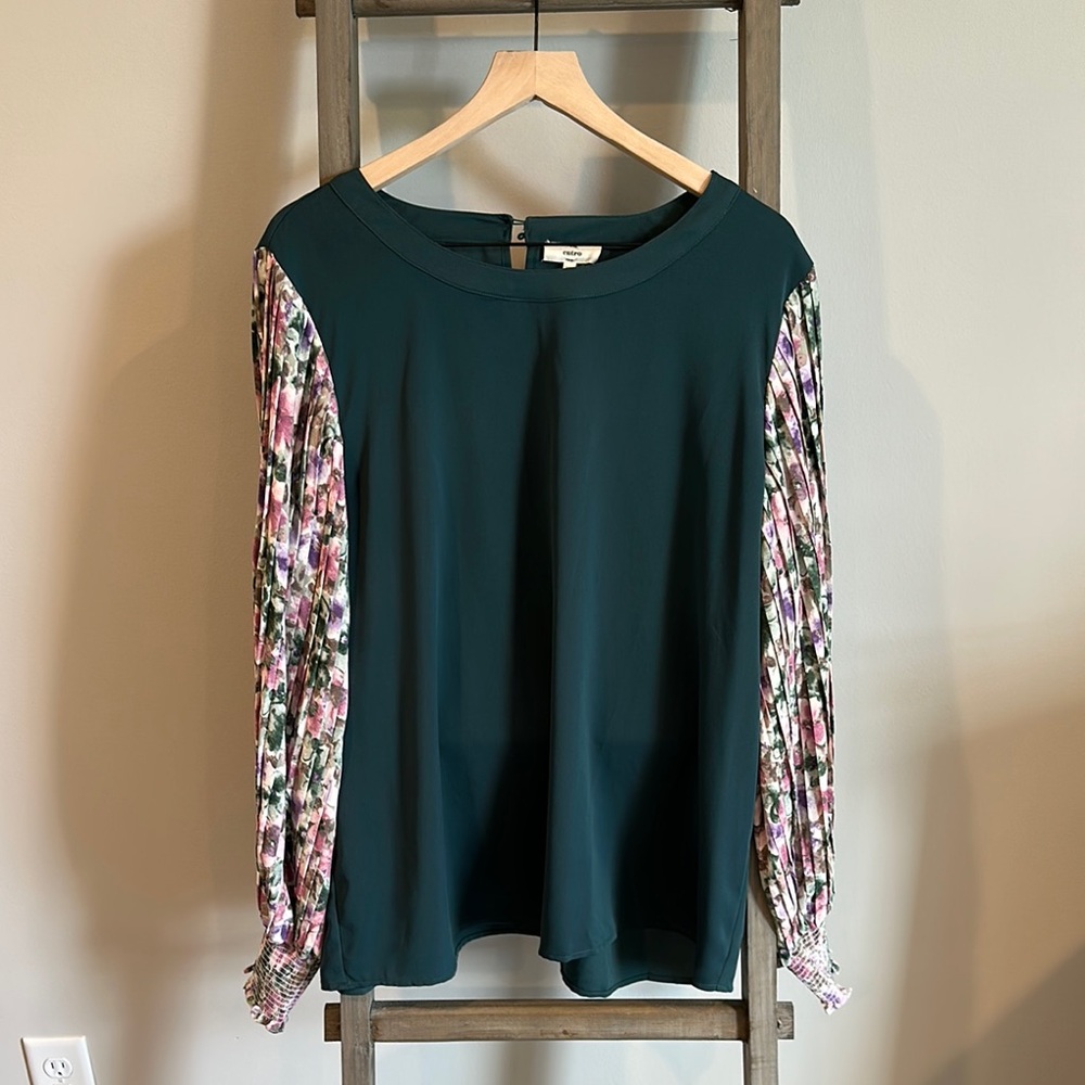 Entro Teal Blouse with Multicolor Floral Sleeves